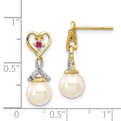14k Yellow Gold 7-8mm FWC Pearl Created Ruby Real Diamond Heart Dangle Earrings
