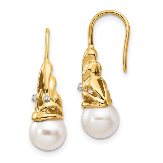 14k Yellow Gold Real Diamond and 7-8mm Round FW Cultured Pearl Dangle Earrings