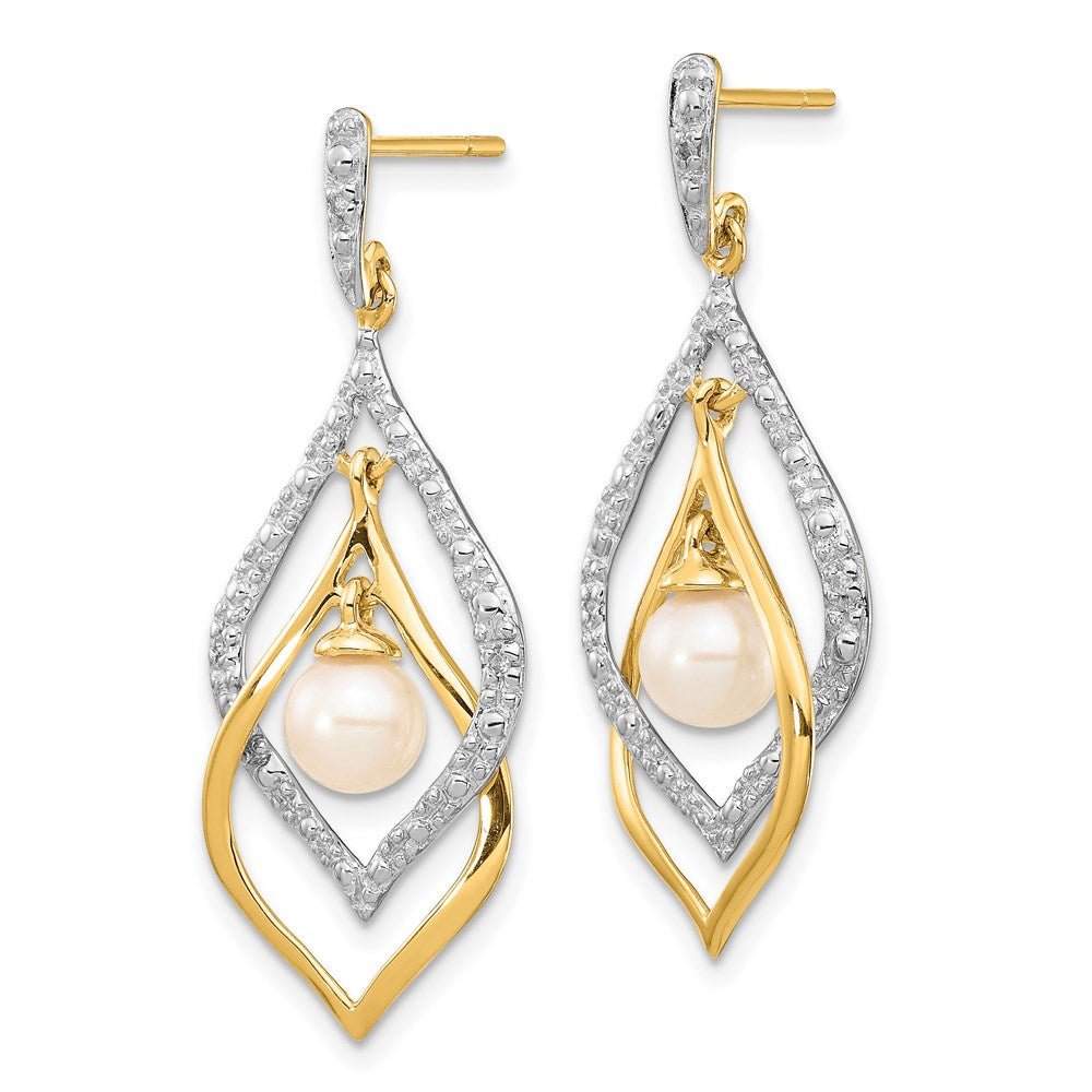 14k Yellow Gold 5-6mm White Round FWC Pearl .02ct Real Diamond Dangle Earrings
