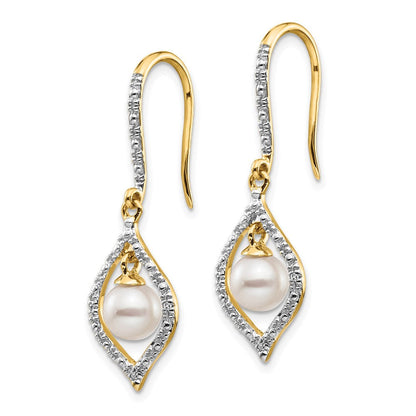 14k Yellow Gold 6-7mm White Round FWC Pearl .02ct. Real Diamond Dangle Earrings