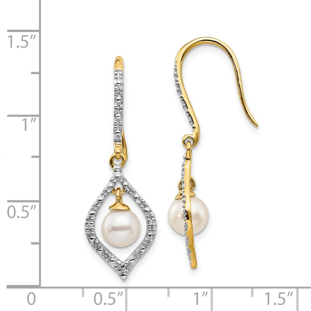 14k Yellow Gold 6-7mm White Round FWC Pearl .02ct. Real Diamond Dangle Earrings