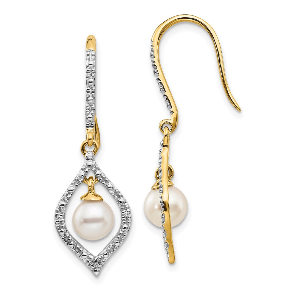 14k Yellow Gold 6-7mm White Round FWC Pearl .02ct. Real Diamond Dangle Earrings