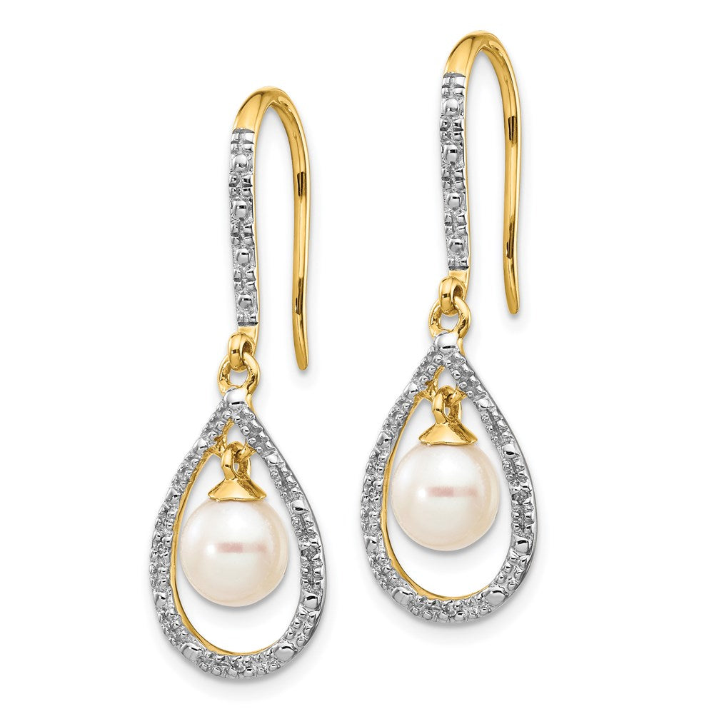 14k Yellow Gold 6-7mm White Round FWC Pearl .02ct. Real Diamond Dangle Earrings