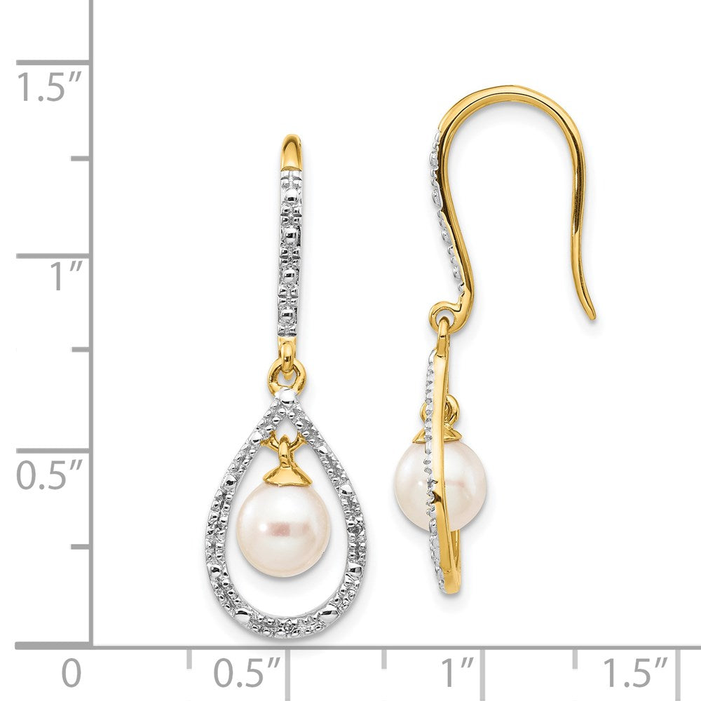 14k Yellow Gold 6-7mm White Round FWC Pearl .02ct. Real Diamond Dangle Earrings