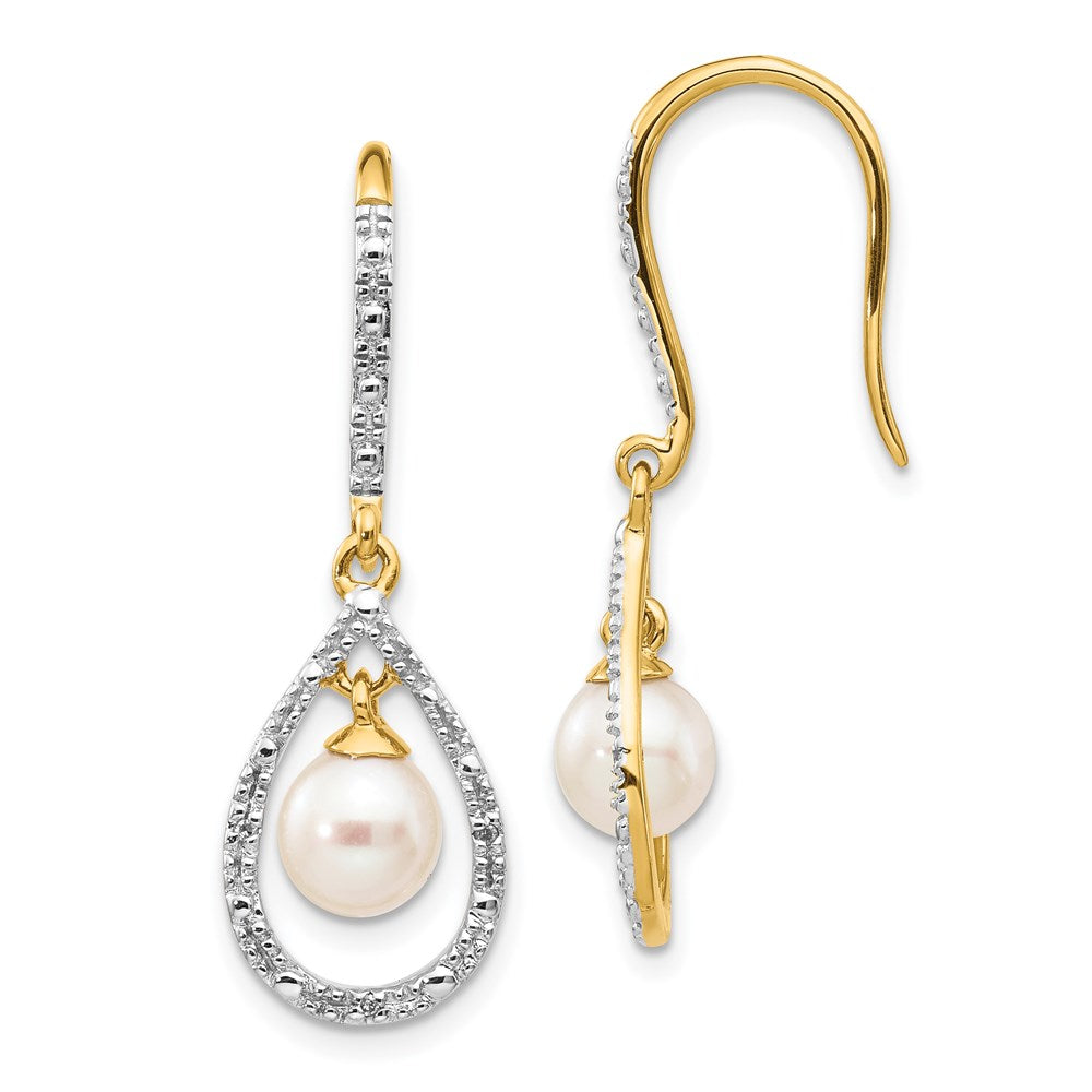 14k Yellow Gold 6-7mm White Round FWC Pearl .02ct. Real Diamond Dangle Earrings