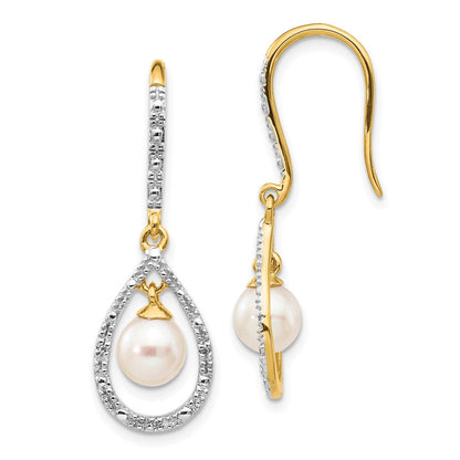 14k Yellow Gold 6-7mm White Round FWC Pearl .02ct. Real Diamond Dangle Earrings