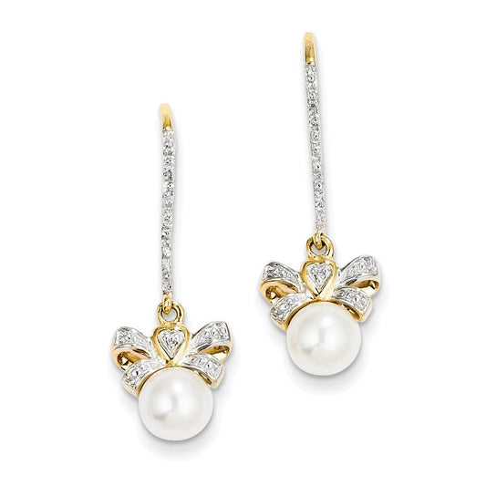 14k Yellow Gold Real Diamond and Freshwater Cultured Pearl Bow Dangle Earrings