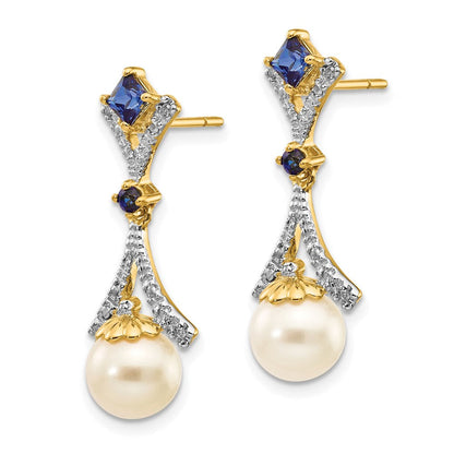 14k Yellow Gold 7-8mm FWC Pearl Created Sapphire Real Diamond Dangle Post Earrings