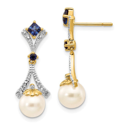 14k Yellow Gold 7-8mm FWC Pearl Created Sapphire Real Diamond Dangle Post Earrings