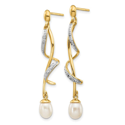14k Yellow Gold 7x5mm White Teardrop FWC Pearl .01ct Real Diamond Dangle Earrings