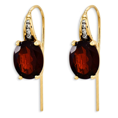 14k Yellow Gold Real Diamond and Garnet Oval Dangle Earrings