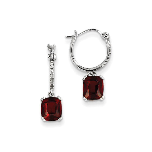 14k White Gold Real Diamond and Garnet Dangle Hoop Earrings