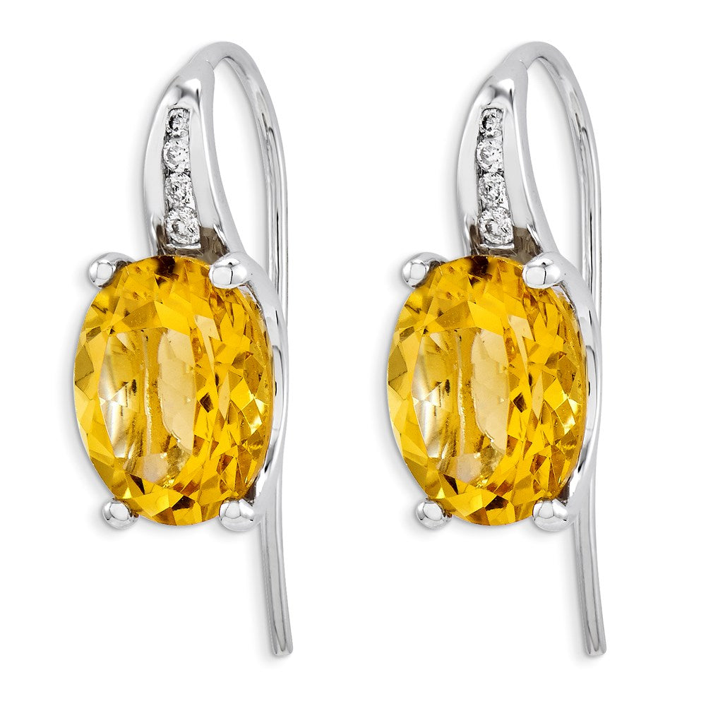 14k White Gold Real Diamond and Citrine Oval Dangle Earrings