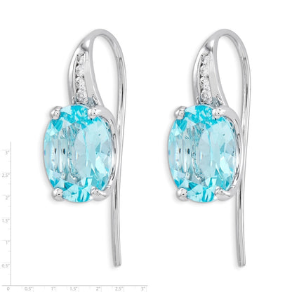 14k White Gold Real Diamond and Blue Topaz Oval Dangle Earrings