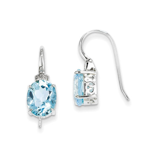 14k White Gold Real Diamond and Blue Topaz Oval Dangle Earrings