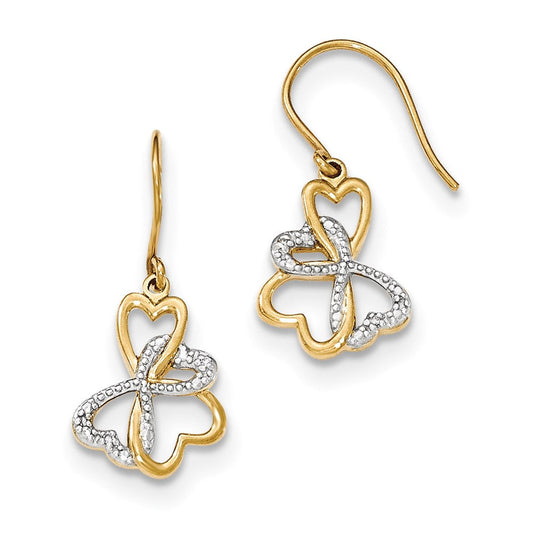 14k Yellow Gold w/Rhodium Real Diamond 4-Heart Shepherd Hook Earrings