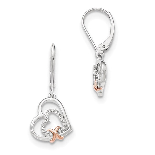 14k White Gold Real Diamond w/ Rose Gold Heart Dangle Hinged Hoop Earrings