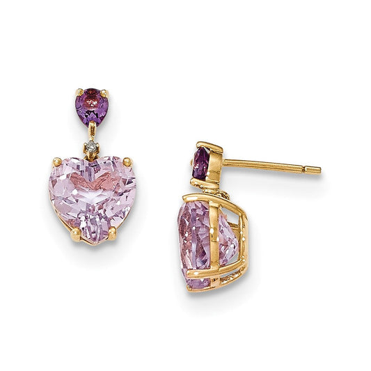 14k Yellow Gold Pink Quartz u0026 Amethyst and Real Diamond Post Dangle Earrings