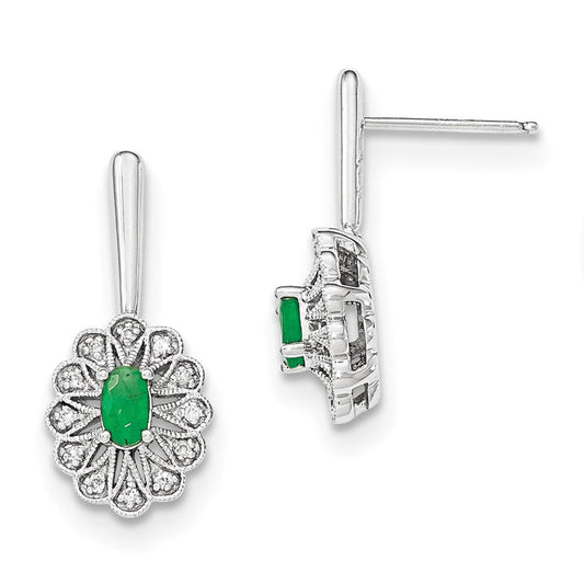 14k White Gold Real Diamond and Emerald Post Dangle Earrings