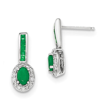 14k White Gold Real Diamond and Emerald w/Halo Post Dangle Earrings