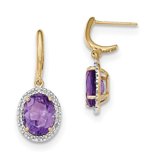 14k Yellow Gold Amethyst w/Real Diamond Halo Post Dangle Earrings
