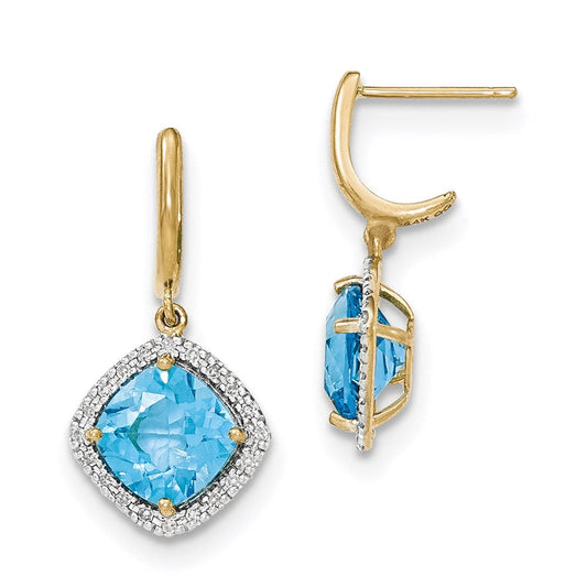 14k Yellow Gold Blue Topaz w/Real Diamond Halo Post Dangle Earrings