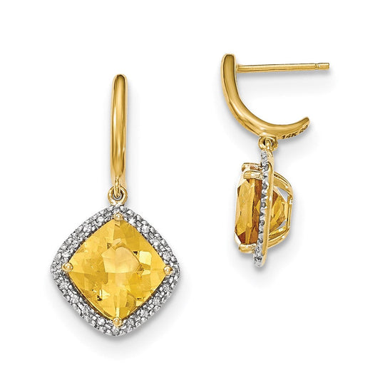 14k Yellow Gold Citrine w/Real Diamond Halo Post Dangle Earrings