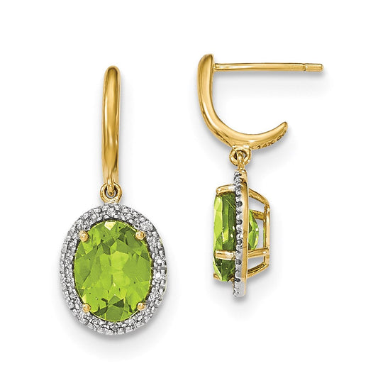 14k Yellow Gold Peridot w/Real Diamond Halo Post Dangle Earrings