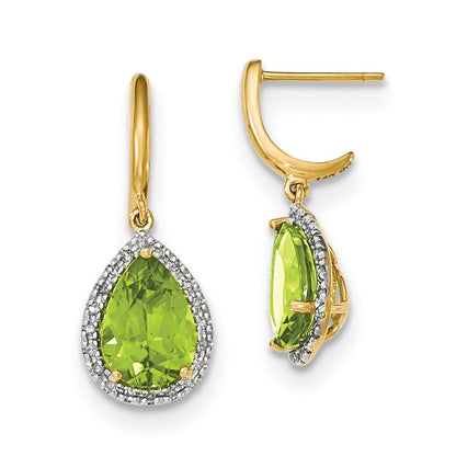14k Yellow Gold Peridot w/Real Diamond Halo Post Dangle Earrings