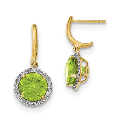 14k Yellow Gold Peridot w/Real Diamond Halo Post Dangle Earrings