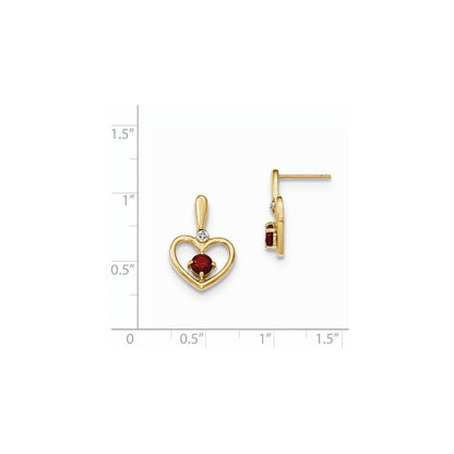 14k Yellow Gold Garnet and Real Diamond Heart Post Dangle Earrings