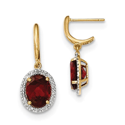 14k Yellow Gold Garnet w/Real Diamond Halo Post Dangle Earrings