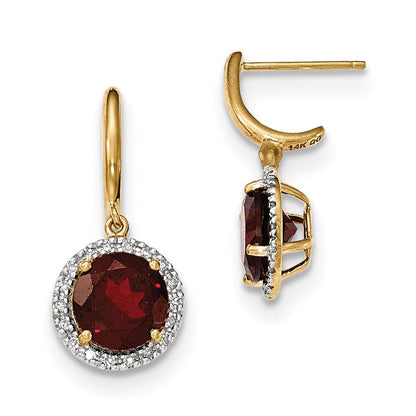 14k Yellow Gold Garnet w/Real Diamond Halo Post Dangle Earrings