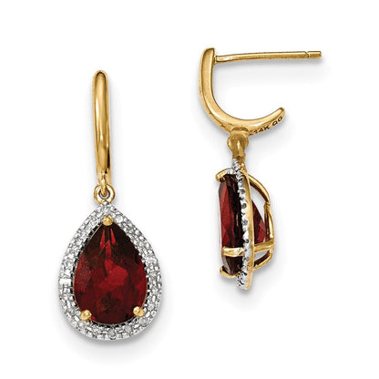 14k Yellow Gold Garnet w/Real Diamond Halo Post Dangle Earrings