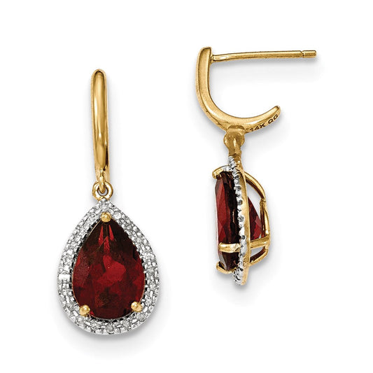 14k Yellow Gold Garnet w/Real Diamond Halo Post Dangle Earrings