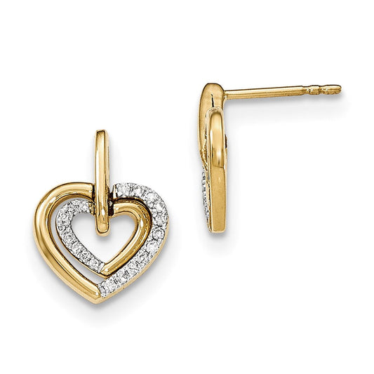 14k Yellow Gold Polished Real Diamond Heart w/heart Dangle Post Earrings