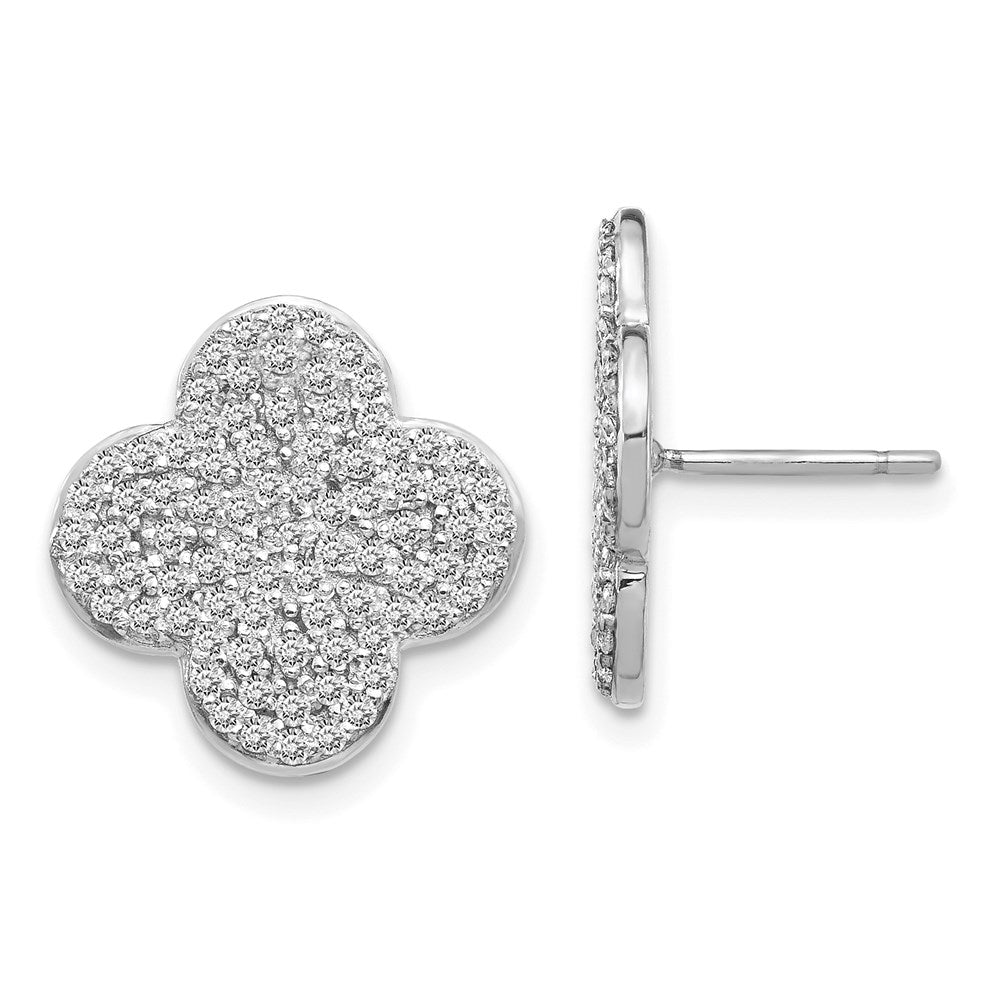 14k White Gold Real Diamond Quatrefoil Design Post Earrings