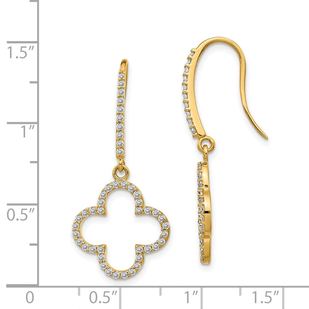 14k Yellow Gold Real Diamond Quatrefoil Design Dangle Earrings