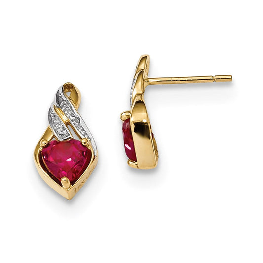 14k Yellow Gold w/ Created Ruby u0026 Real Diamond Polished Post Earrings