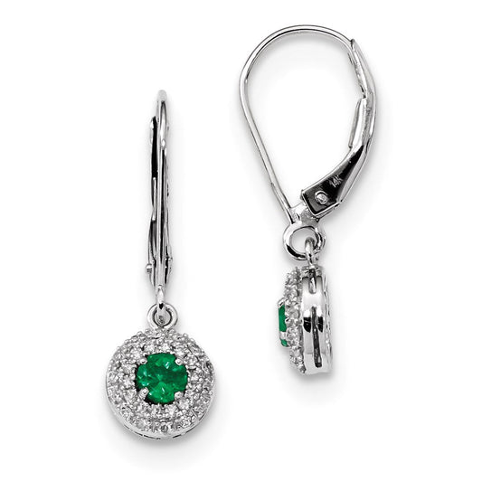 14k White Gold Real Diamond Halo Emerald Leverback Dangle Earrings