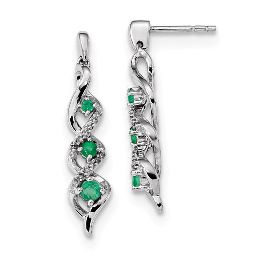 14k White Gold Real Diamond and Emerald Post Dangle Earrings
