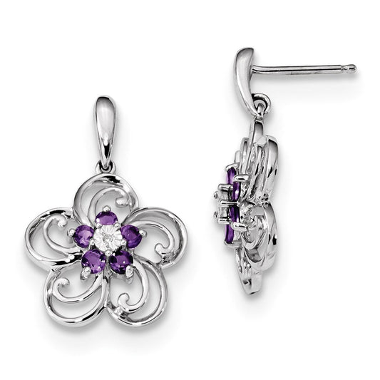 14k White Gold Real Diamond u0026 Amethyst Flower Dangle Post Earrings