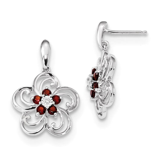 14k White Gold Real Diamond u0026 Garnet Flower Dangle Post Earrings
