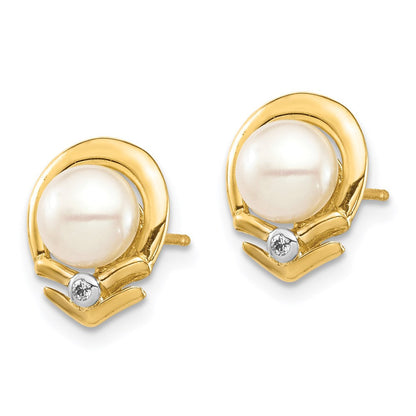 14k Yellow Gold 5-6mm White Button FW Cultured Pearl .02ct Real Diamond Post Earrings