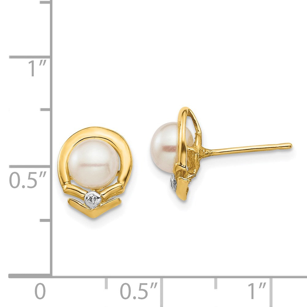 14k Yellow Gold 5-6mm White Button FW Cultured Pearl .02ct Real Diamond Post Earrings