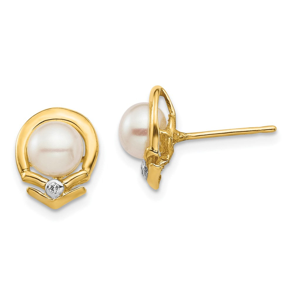 14k Yellow Gold 5-6mm White Button FW Cultured Pearl .02ct Real Diamond Post Earrings
