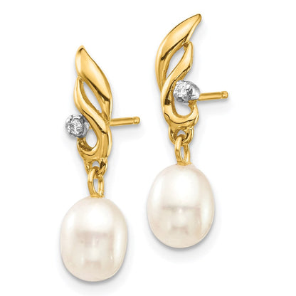 14k Yellow Gold 5-6mm White Rice FW Cultured Pearl .02ct Real Diamond Dangle Earrings