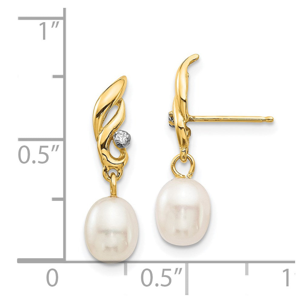 14k Yellow Gold 5-6mm White Rice FW Cultured Pearl .02ct Real Diamond Dangle Earrings