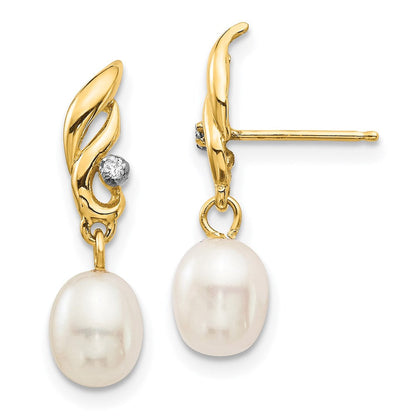 14k Yellow Gold 5-6mm White Rice FW Cultured Pearl .02ct Real Diamond Dangle Earrings