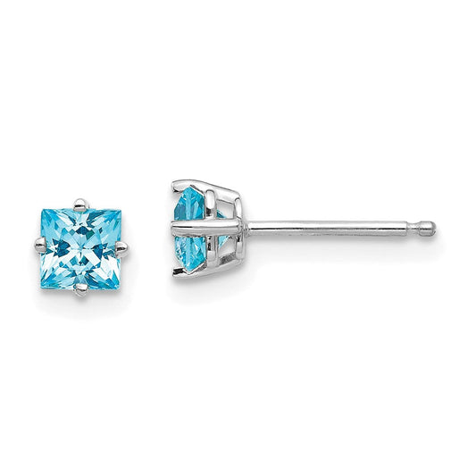 14k White Gold 4mm Princess Cut Blue Topaz Earrings